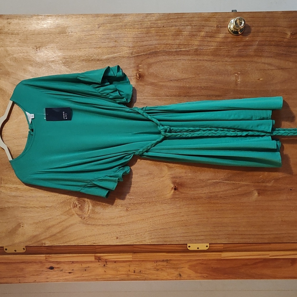 NWT Crown&Ivy Flowy Dress Green Leaf Ruffle Sleeve Braided Belt Panels Spring S